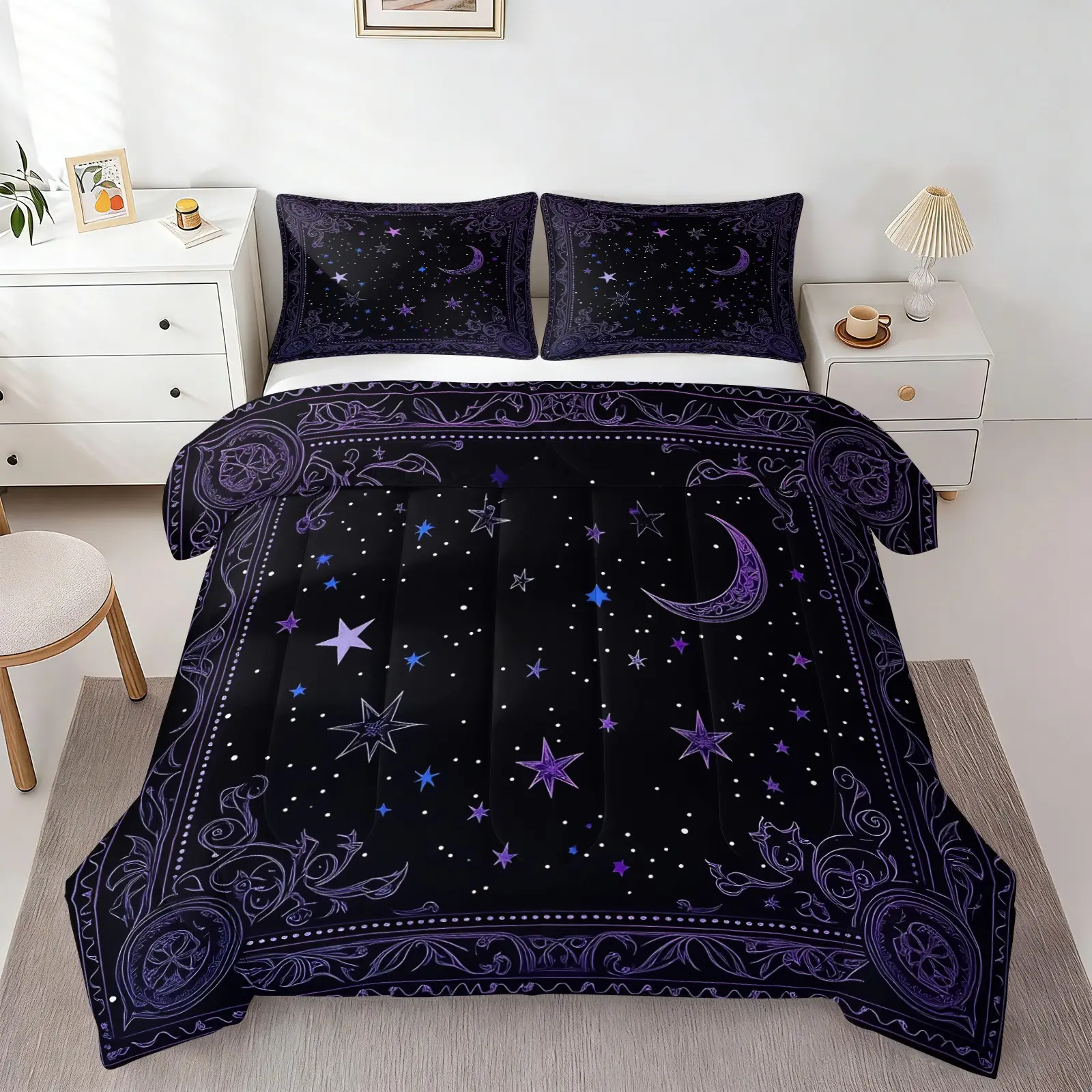 Mystical Purple Moon & Star Comforter Set, Gothic Night Sky Bedding, Soft Breathable Comfy Bedding Set, Unique Witchy Gift Quilt for Teens Young Adults Home Decor, 1 Quilt & 1/2 Pillowcase, No Pillow Insert