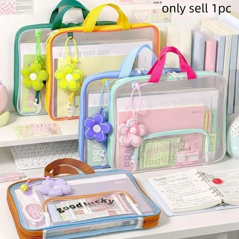 Three-Layer Thickened Transparent Mesh Tote Bag, 180° Wide-Opening Book Storage Bag, Front Zipper Pencil Pouch, Front Zipper Pocket, Durable Design, Study Tool, Office Supplies