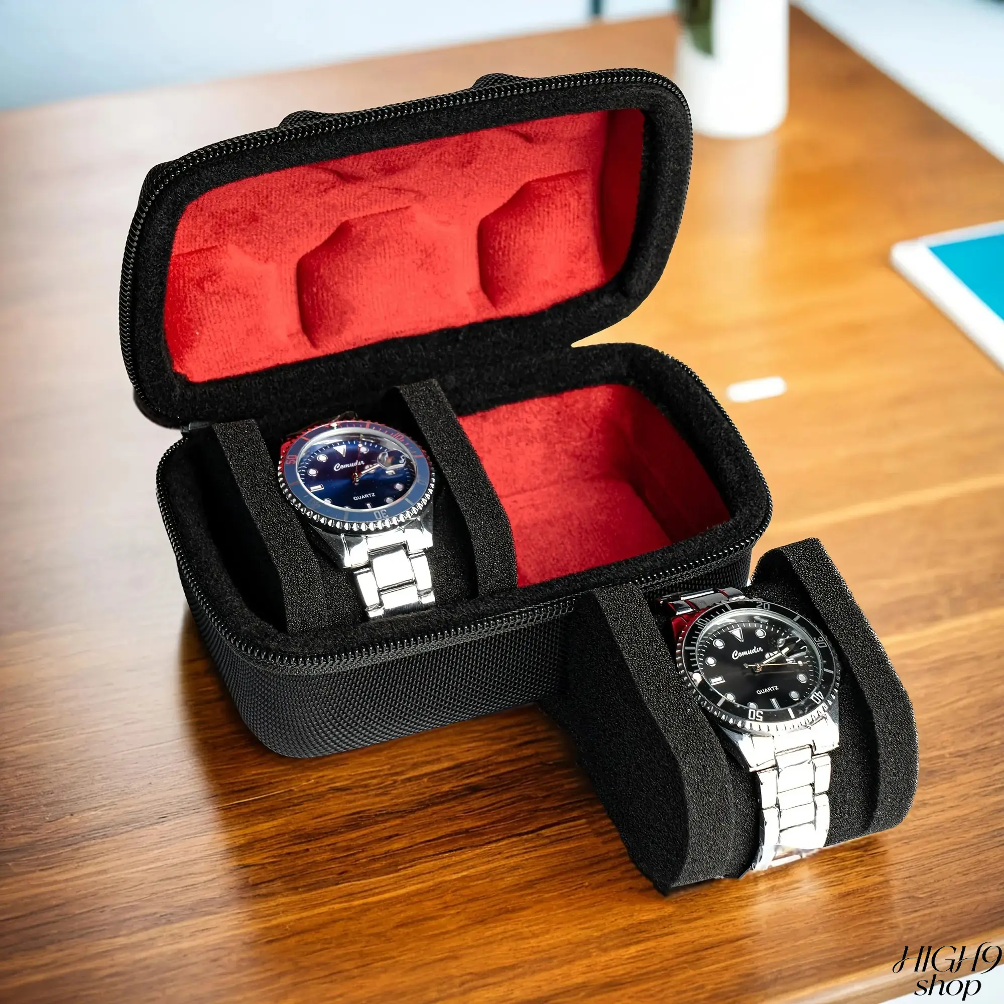 Black Hard EVA Shell Watch Storage Case With Red Velvet Lining, 2 Slots Shockproof Sponge Pillow Watch Organizer, Portable Durable Protective Box For Daily Home Storage Outdoor Travel Watches