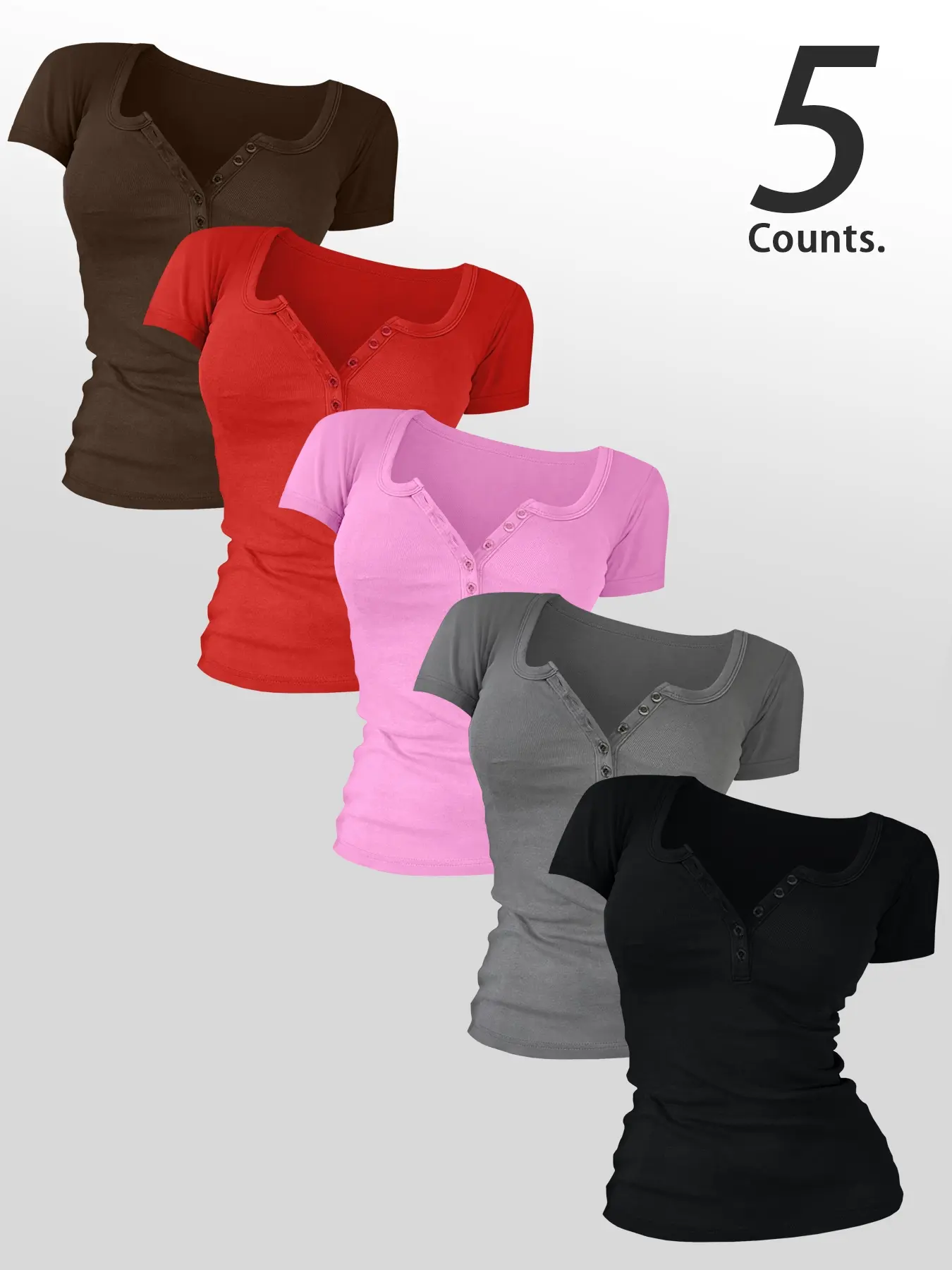 Women's Casual Plain Short Sleeve Round Neck Top with Buttons, Comfortable Fabric for Daily Wear, Set of 5 Pieces