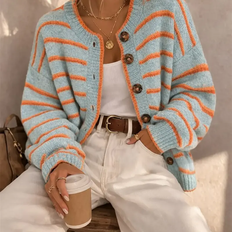 Women's Round Neck Drop Shoulder Single-Breasted Contrast Stripe Long Sleeve Fall/Winter Casual Fashion Loose Versatile Knit Cardigan – Urban Commute, Retro Street Sweater Wear, Striped Casual Sweater