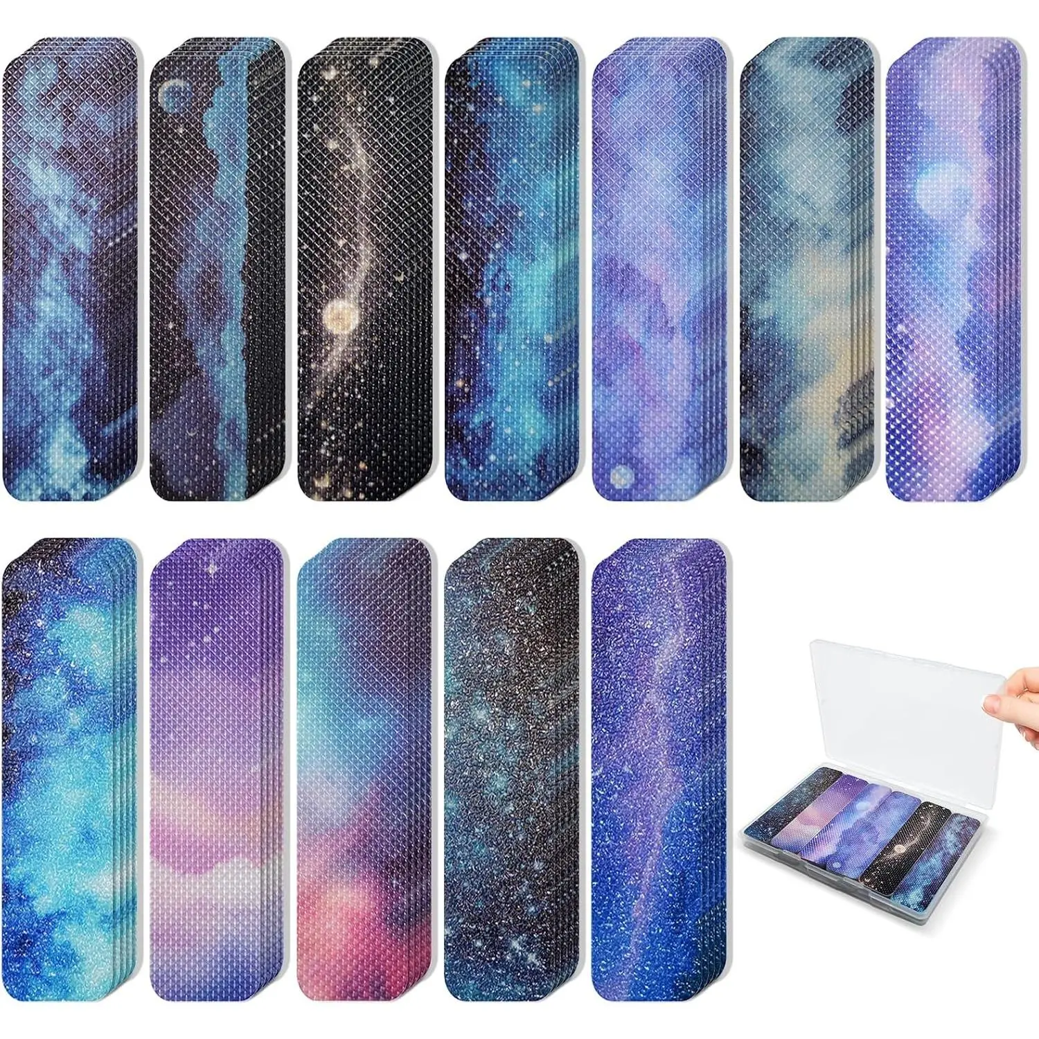 72 Pieces Anxiety Sensory Fidget Stickers with Storage Box, 2 Textured Surface Fidget Strips for Adult Stress Relief, Perfect for Office Desk (Galaxy)