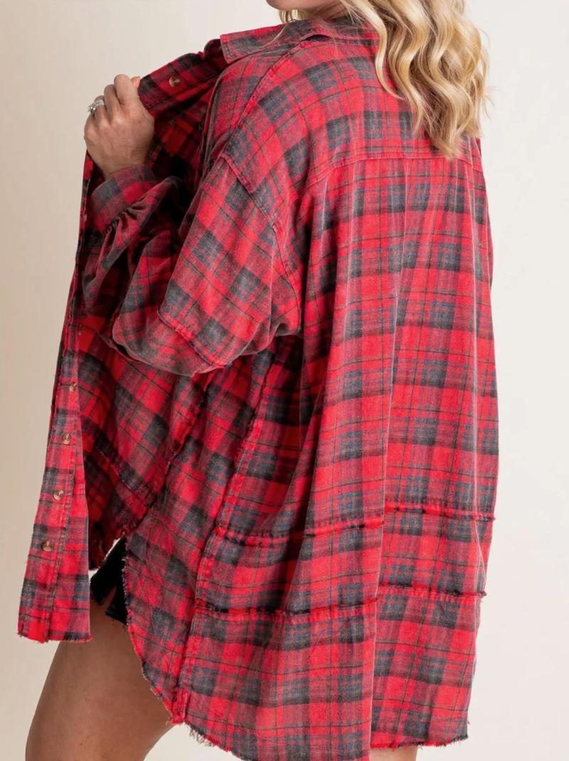 Women's Autumn and Winter New Frayed Lantern Sleeve Loose Button Plaid Shirt Top Womenswear