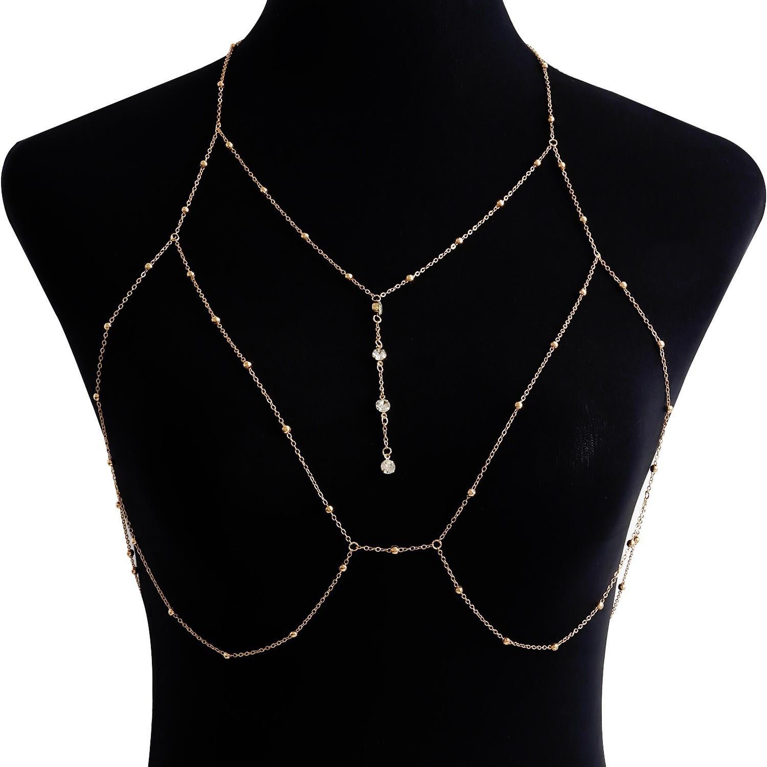 Fashionable and sexy metal chain with rhinestones, versatile and unique beach-style women's chest chain, not easy to fade