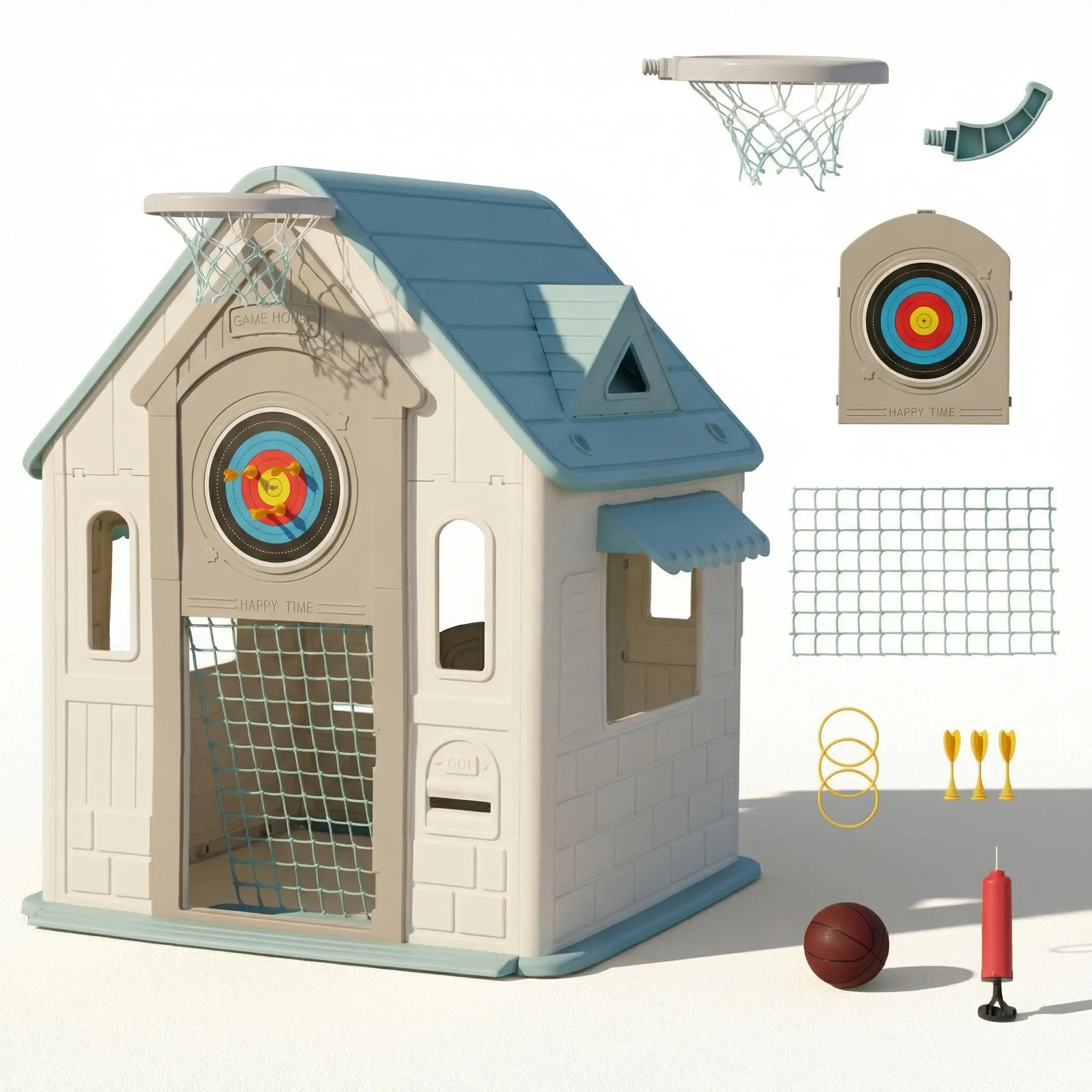 Green & White Cottage Playhouse for Kids, PP Plastic Play House with Door Shutters Basketball Hoop Ring Toss, Tool-Free Assembly, Weather Resistant Indoor Outdoor Toy for Ages 2-6