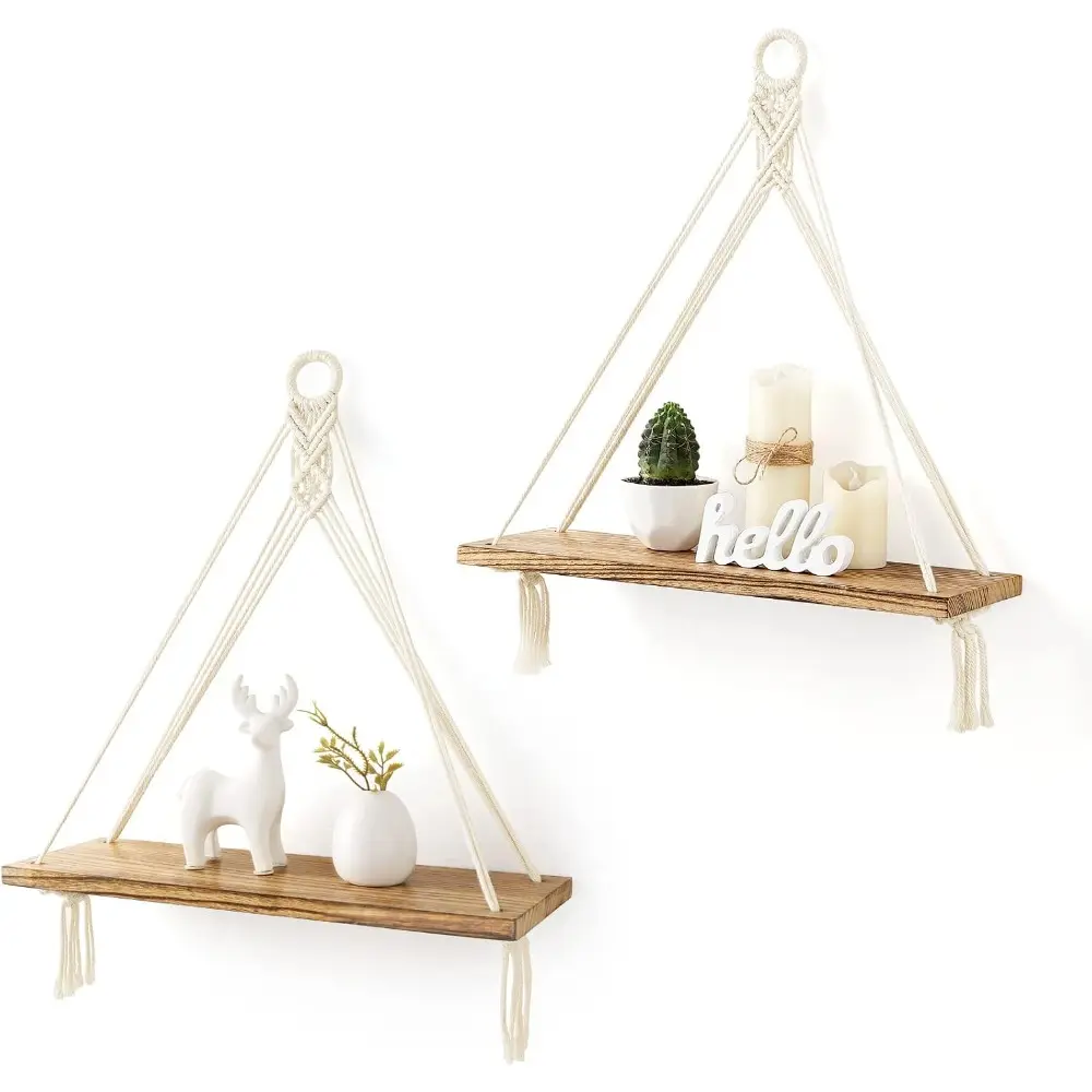 1pc Cotton Minimalist Macrame Hanging Shelf - Boho Rustic Wood Floating Home Supplies Shelf, Frames/Plant Holder Storage, Kid Room/Bedroom Decor, Gift Idea