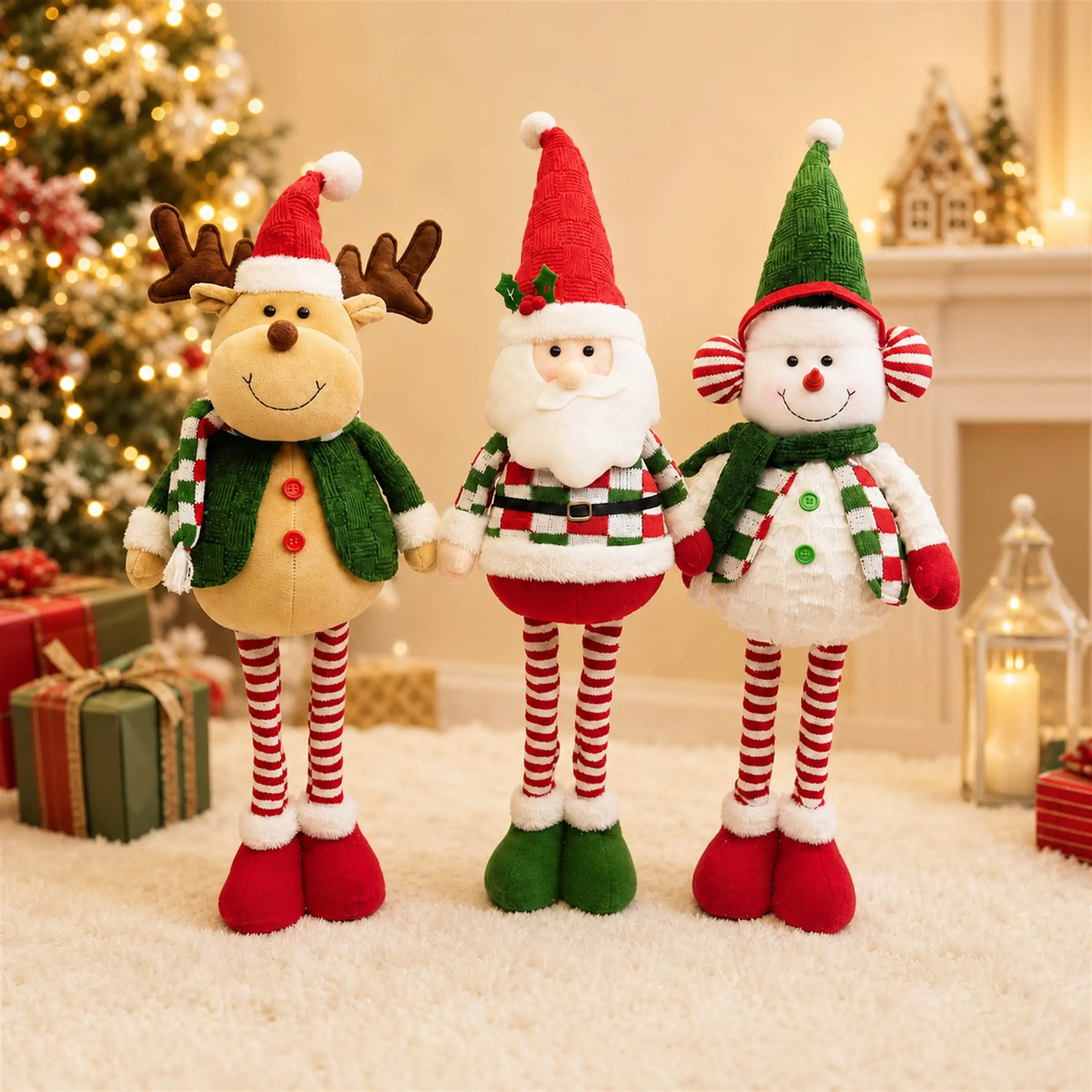 Christmas Atmosphere Plush Decorations, Stretchable Long Leg Dolls, Elder Snowman Reindeer Options, Holiday Gift Home Display