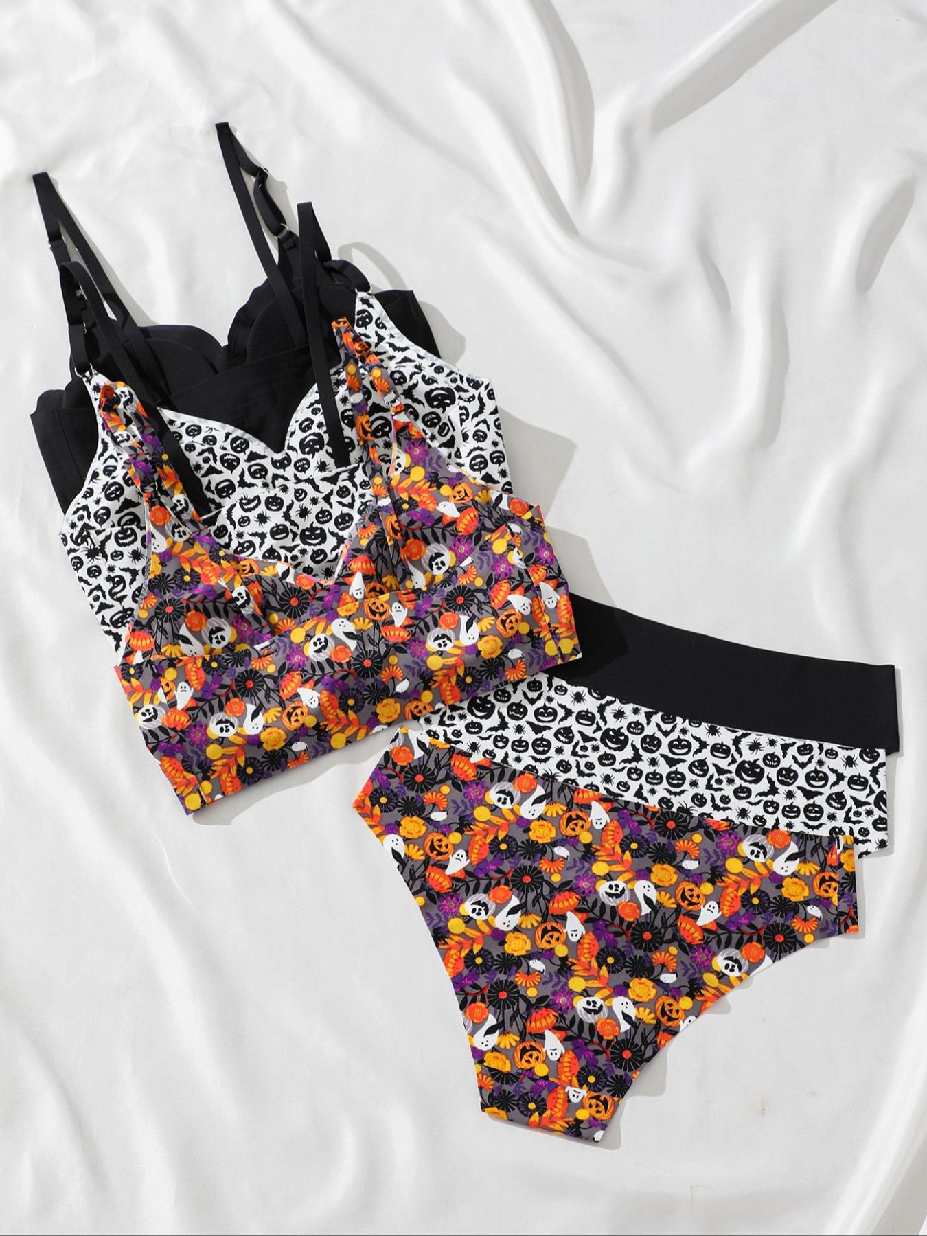 Three-Piece Set Women's All Over Print Wireless Bra & Panty Two-Piece Set, Adjustable Strap Lingerie Set, Soft Comfy Breathable Underwear Set for Women