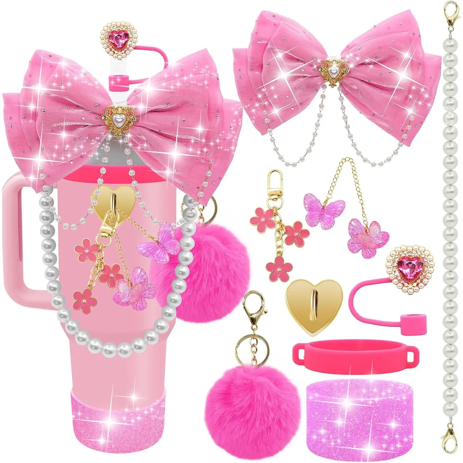 LBU Bling Cup Accessories for 40/30/20 oz Tumbler with Handle Including Glitter Bow Straw Topper, Heart Straw Cover, Pearl Water Bottle Handle Strap, Boot, Pom-Pom, Keychain Charms(Hot Pink)