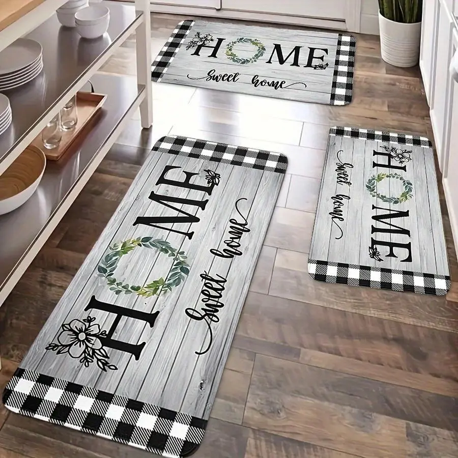 2/3pcs Diatomaceous Earth Farmhouse Kitchen Mat Set – Machine Washable Lightweight Rectangular Stripe/Plaid Pattern Standing Mat for Spring Summer