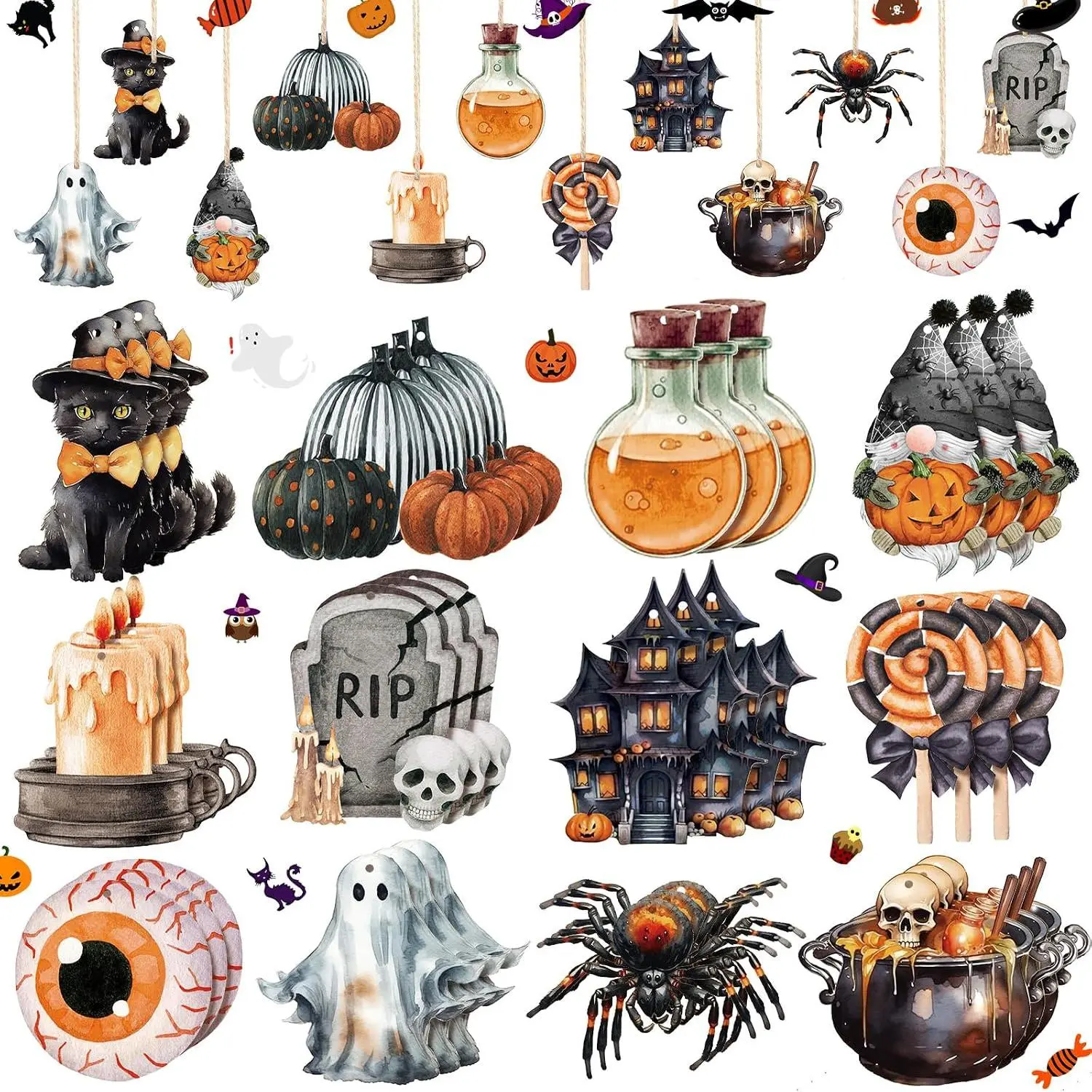 36 count Halloween Ornaments Pumpkin Wooden Decorations   Hat Halloween Tree Ornaments Spiders Decorative  Decor  Pendant Signs with Rope for Party