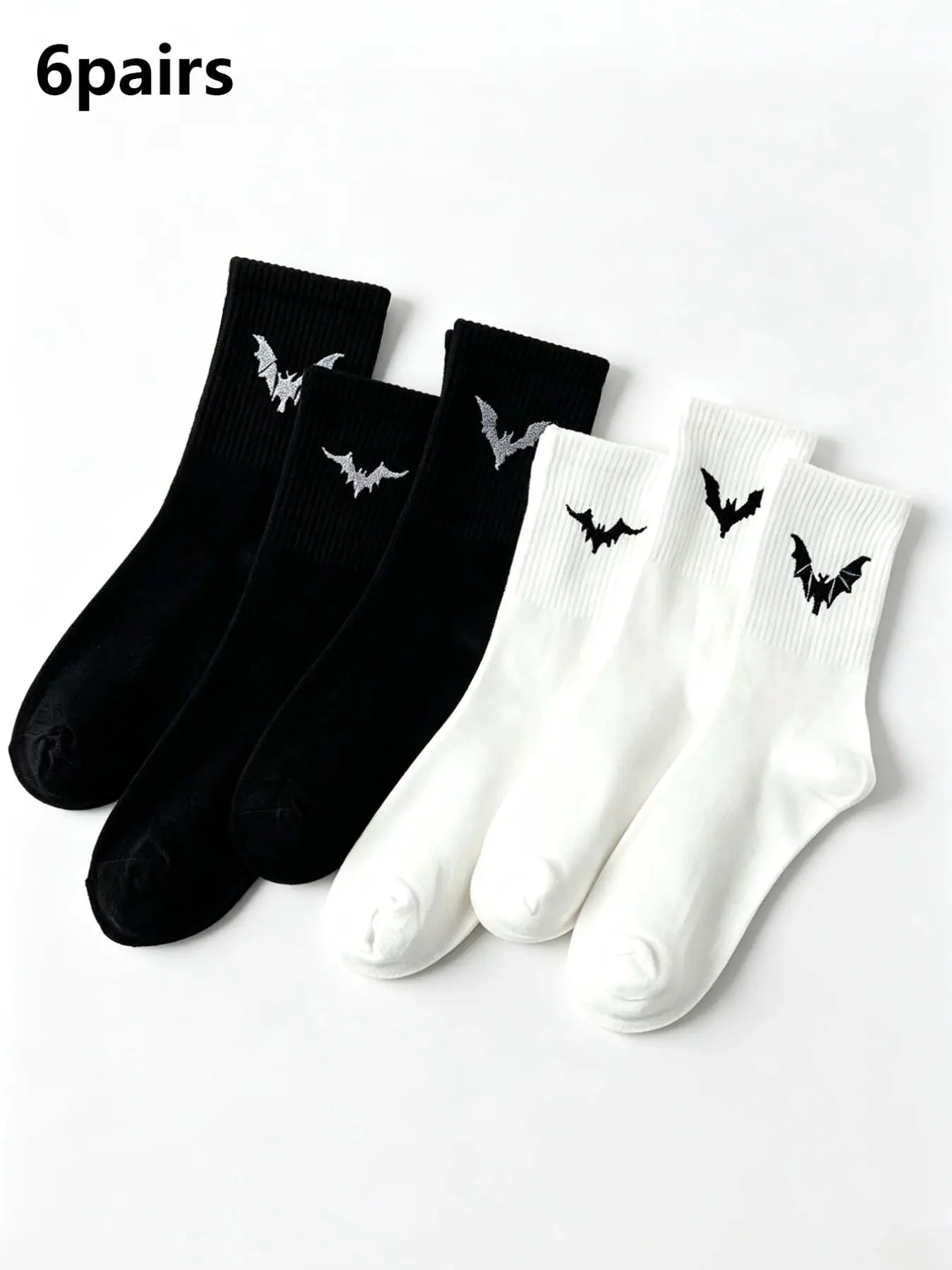6 Pairs Women's Bat Pattern Mid-Calf Socks, Soft Comfortable Breathable Sweat-Wicking Sports Socks, Gothic Style for Daily Wear, Parties, Halloween