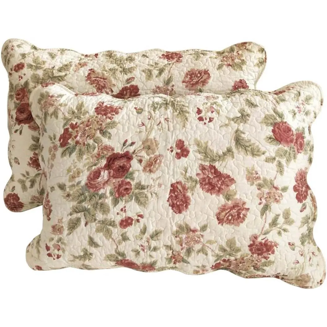 Boho Floral Patchwork Pillow Shams Pack of 2 Farmhouse 100% Cotton Quilted Soft Decorative Pillow Cases Set (Flower, Queen)
