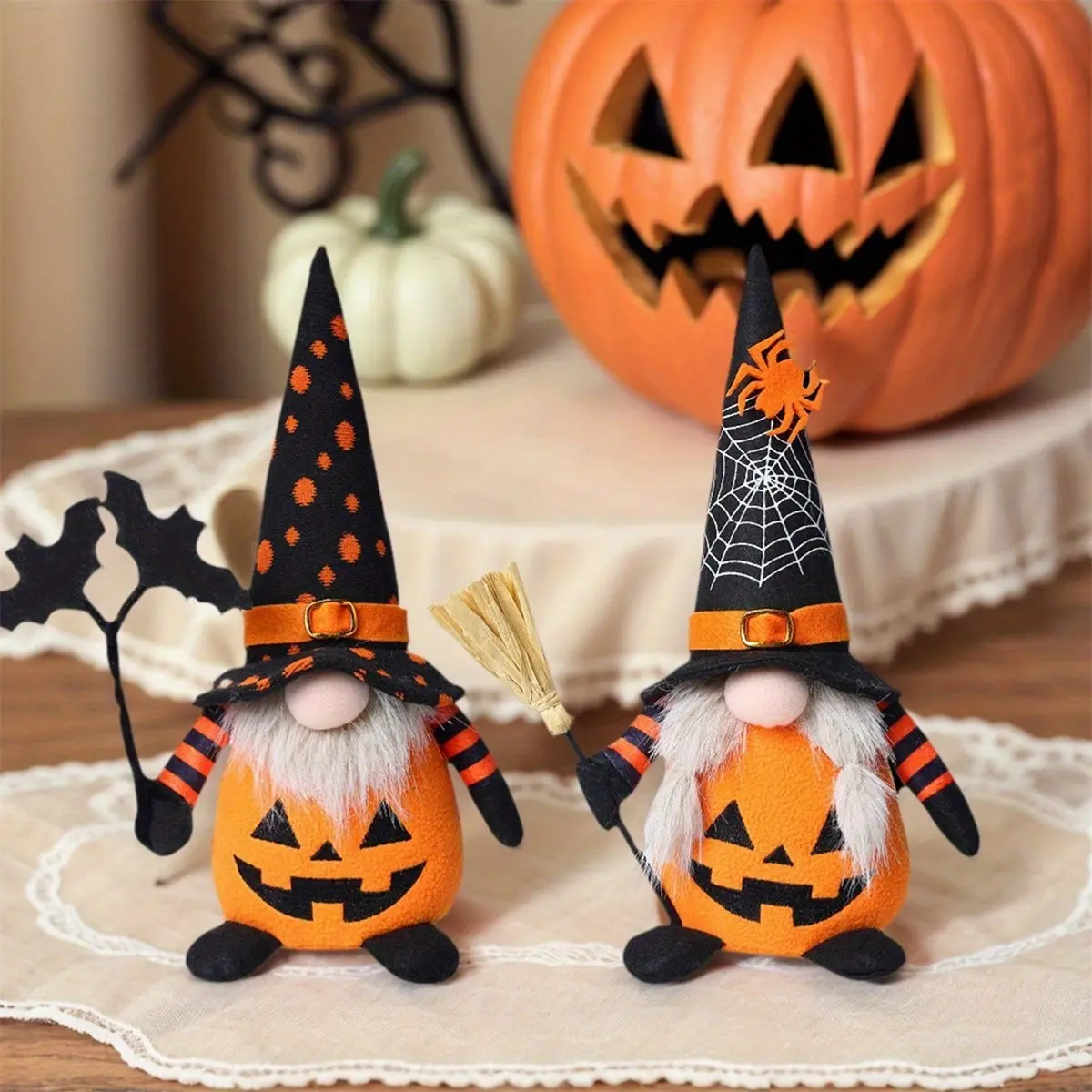 2pcs Halloween Plush Gnomes with Pumpkin Face & Witch Hat, Faceless Tomte Dolls, Pumpkin Lantern & Broom Table Decor, Cute Halloween Home Party Decorations