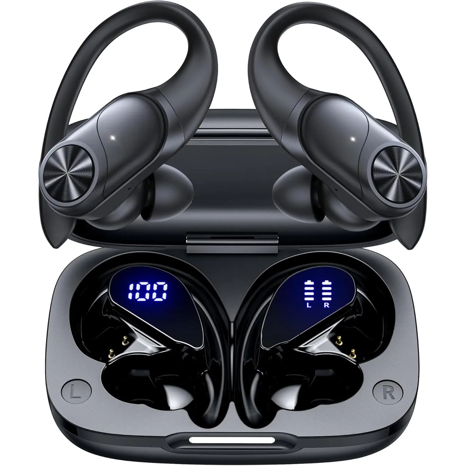 Bluetooth Headphones Wireless Earbuds 80hrs Playtime Wireless Charging Case Digital Display Sports Ear Buds with Earhook Deep Bass IPX7 Waterproof Over-Ear Earphones for TV Phone Laptop Black