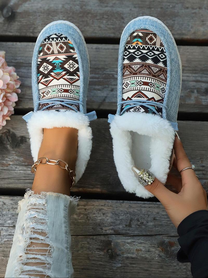 Women's Lace Up Low Top Colorblock Ethnic Pattern Sneakers, Casual Warm Sports Shoes for Winter, Female All-match Round Toe Shoes for Daily Wear