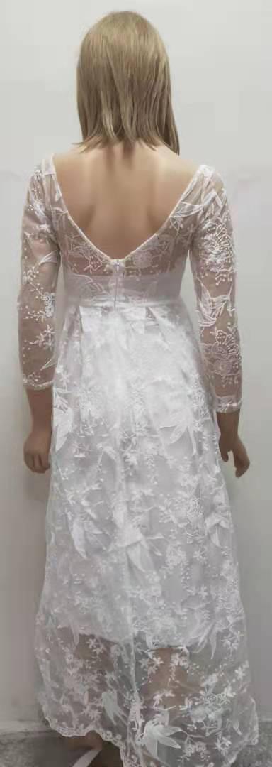 Women's white dress, lace embroidered evening gown, nine-quarter sleeves, off-the-shoulder, bridal wedding dress, long skirt