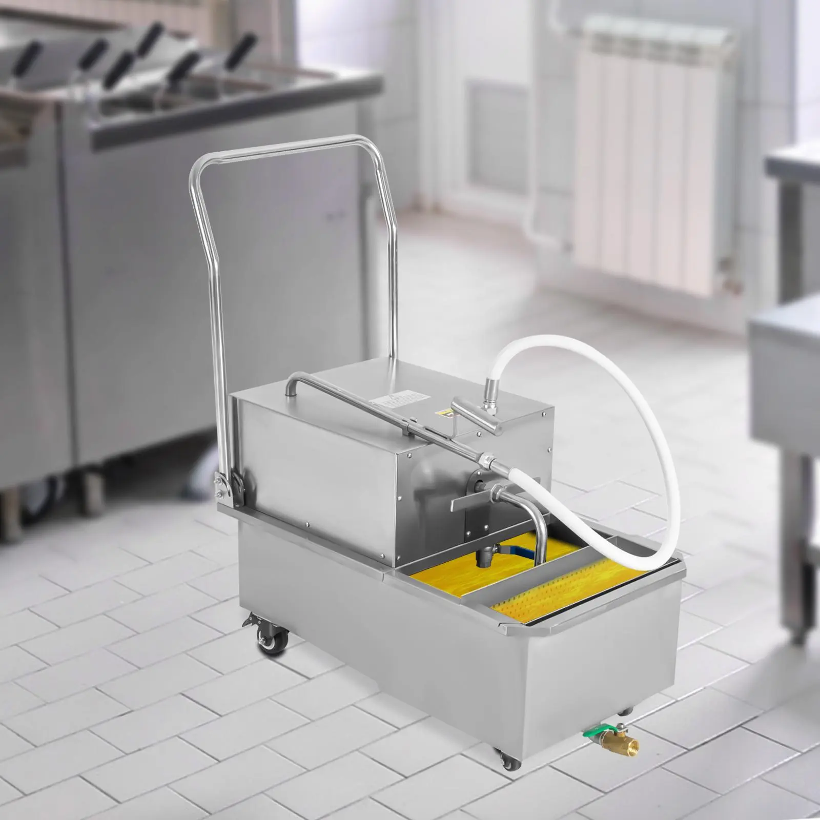 Commercial Stainless Steel Mobile Fryer Filter Machine with Rubber-Copper Power Cord, 550W 110V 55L/14.53Gal Single Unit, 32L/8.45Gal/min High-Efficiency Pump, Oil Separator Cart, 27.95*15.35*9.06 Inches for Commercial Kitchens, Snack Bars