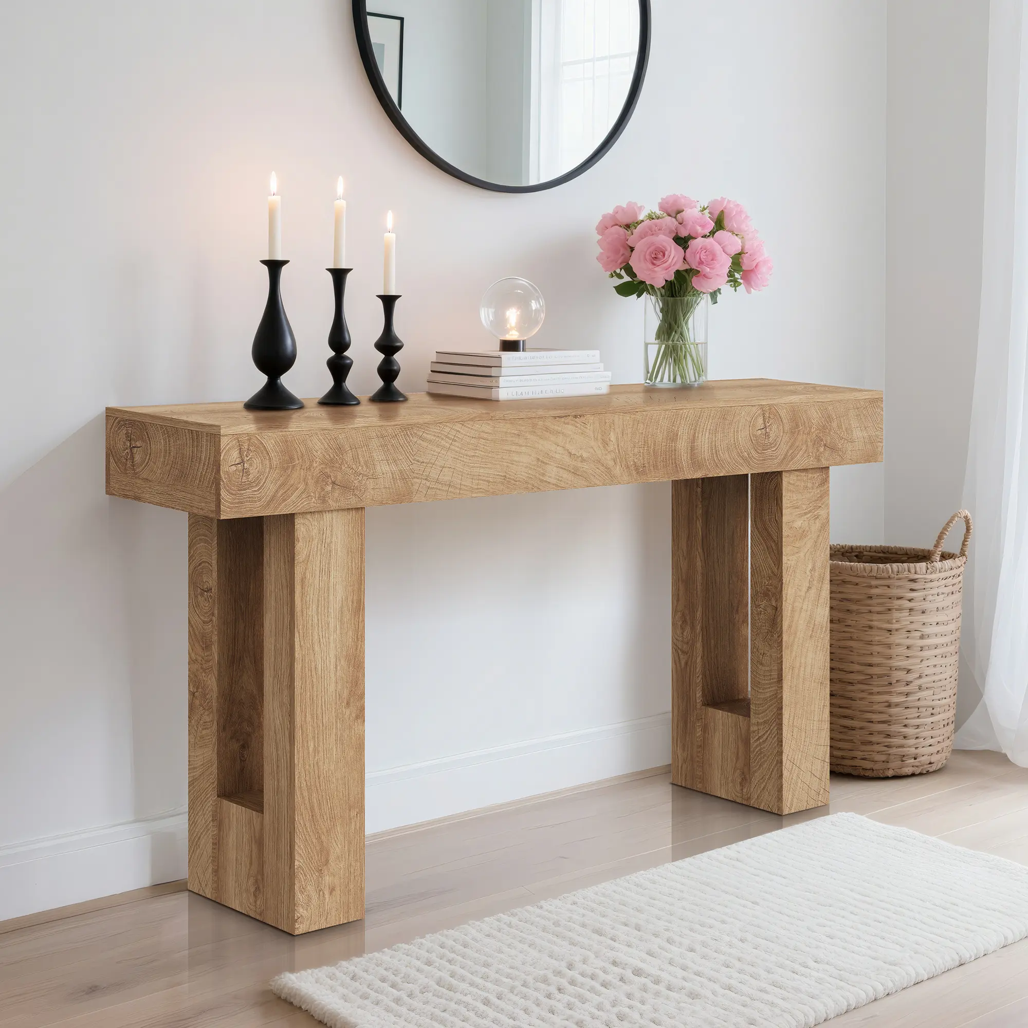 Rustic 63 Inch Farmhouse Console Table - Narrow Wood Sofa Table with Open Shelves - Long Entryway Accent Table for Living Room, Hallway, or Foyer - Burnt Wood Finish, Black and Natural Brown panther table