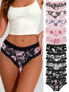 10 Pack Pink Gothic Skull Print Lace Trim Women Hipster Panties, Y2K Emo Cheeky Underwear Set, tiktok shop & fit inspo & tiktok shop deals & shein haul outfits & boxer & ootd & baddie