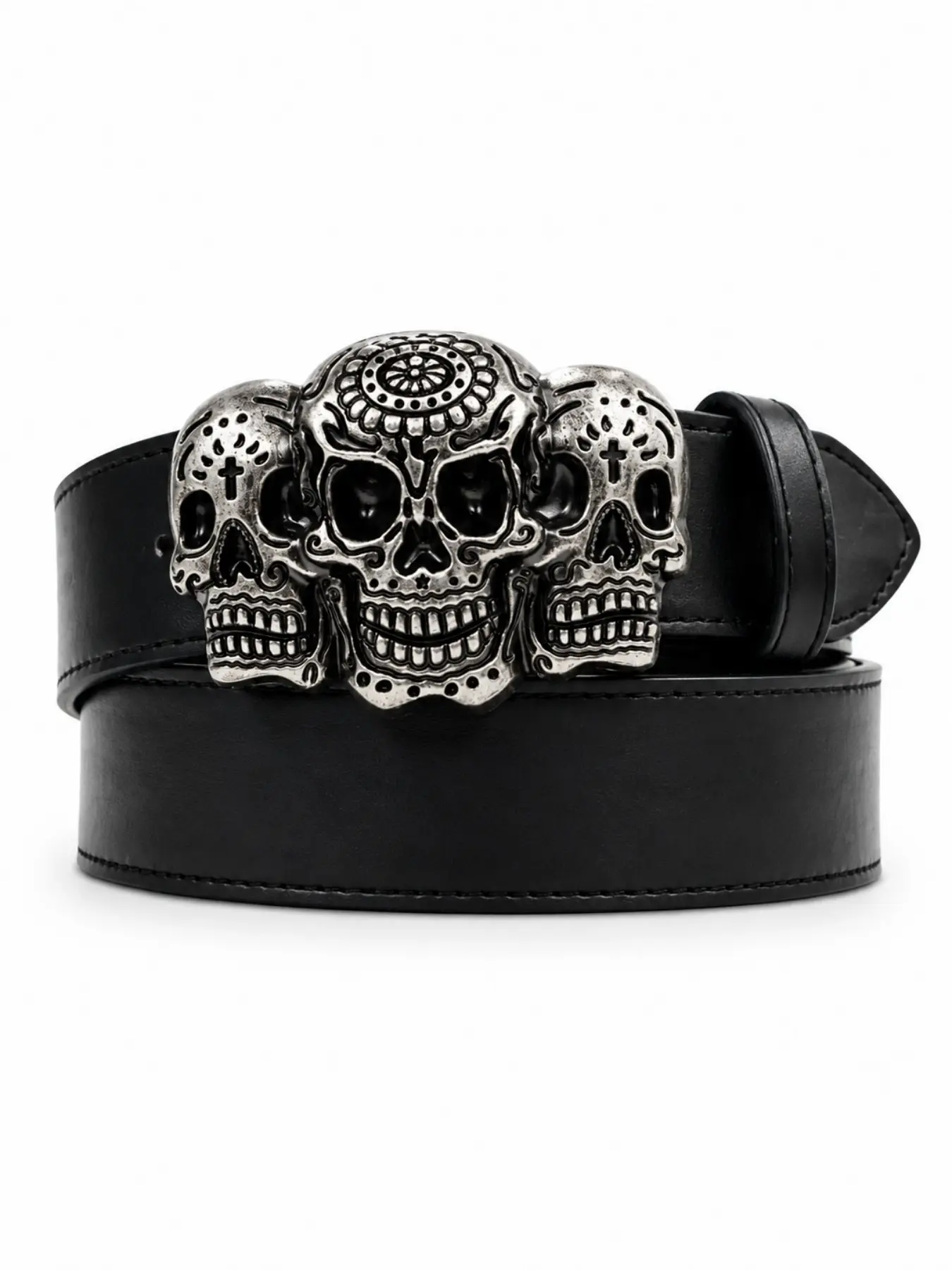 Three Skull Metal Buckle Belt, Gothic Rock PU Leather Belt, Punk Hip Hop Streetwear, Retro Belt for Rappers, All Seasons