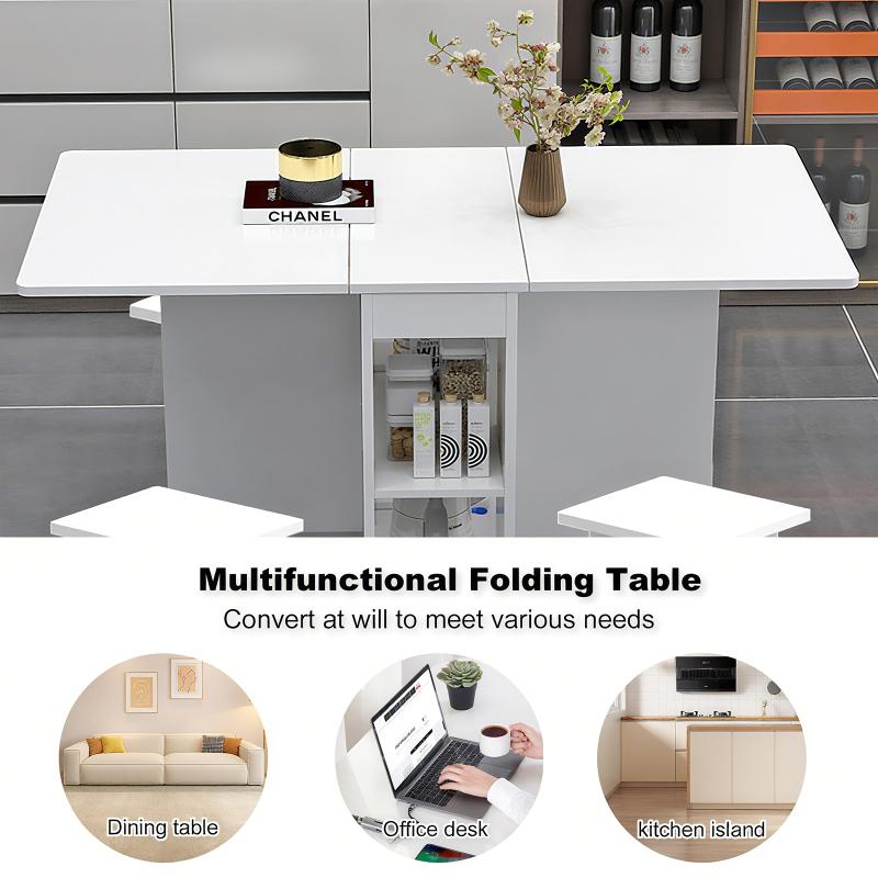 Folding Drop Leaf Dining Table Set for 4 with 4 Chairs, Space Saving Foldable Dining Table with Storage and 6 Wheels, 47.2 inch D x 23.6 inch W x 30.3 inch H, White Folding Drop Leaf Dining Table Set for 4 with 4 Chairs, Space Saving Foldable Dining Table with Storage and 6 Wheels, 47.2 inch D x 23.6 inch W x 30.3 inch H, White