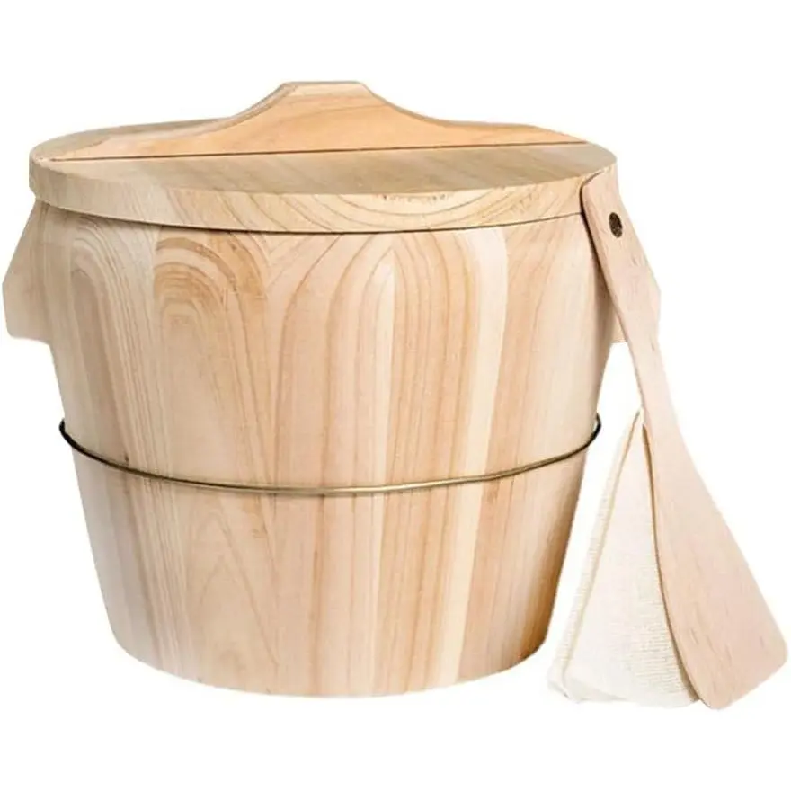 Wooden Rice Steamer Bucket Natural Chinese Material Steamed Rice Barrel with Lid Spoon Cloth and Iron Handles Removable Bottom for Even Cooking and Easy Cleaning 8.26 X 6.49 X 6.49 in