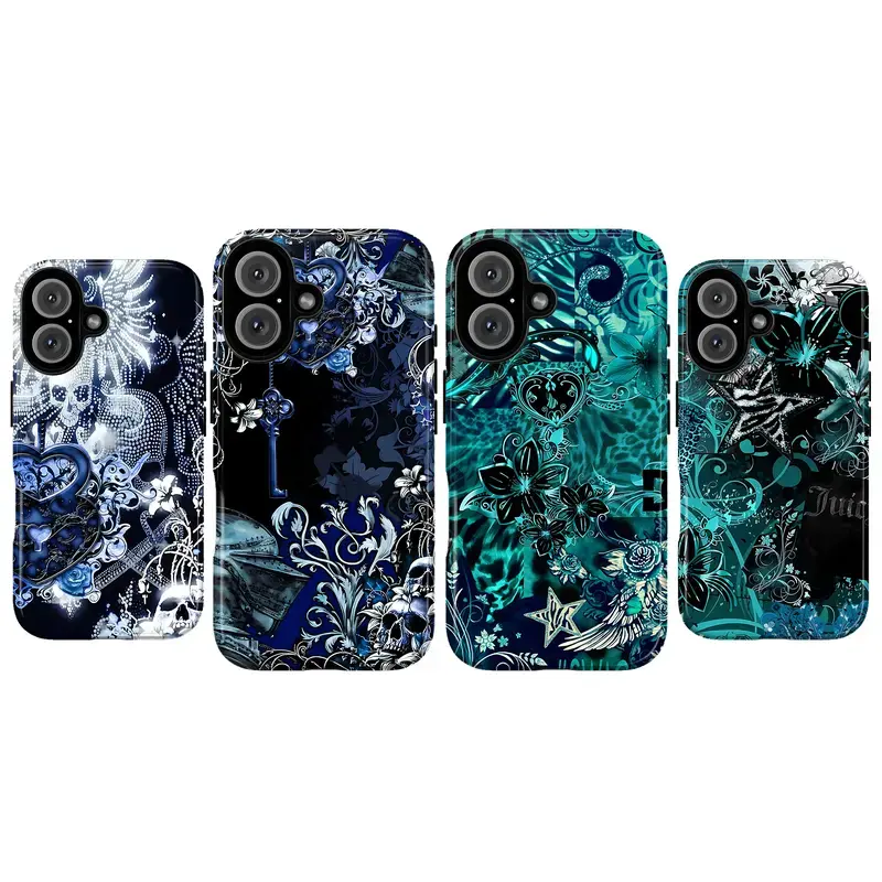 Gothic Teal Blue Skull Floral Scrollwork Phone Case Vintage Baroque Swirl Wing Star Print Phone Case for iPhone 17Promax 16 15 14 13 12 11 and for Samsung S21-S26 Gift for Her Girly Phone Case