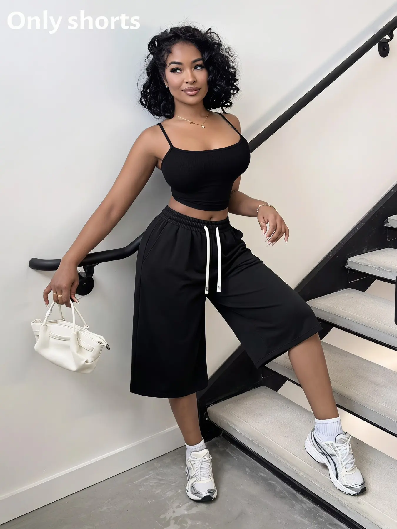 Women Solid Black Drawstring Bermuda Casual Fashionable Shorts, Elastic High Waist Loose Wide Leg Knee Length Short Pants, Soft Breathable Separate Bottoms For Street Daily Summer Lounge Outdoor Ladies Casual Wear