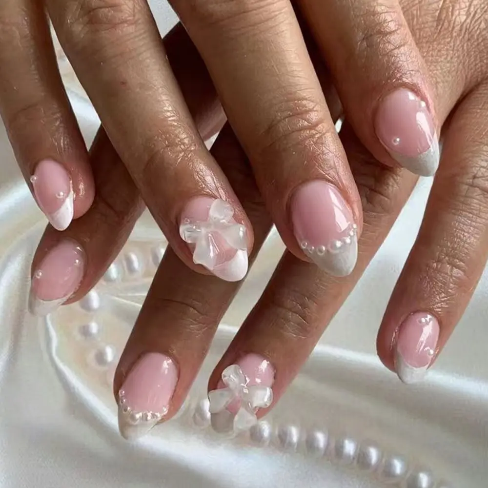 24pcs Pearl Bow French Nails, Short Oval Press-On Nail Tips, French Design, Gel Glue & File Included, Perfect for Summer