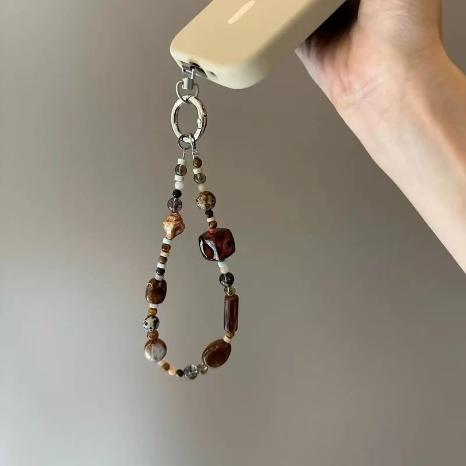 Women's Vintage Beaded Charm Wrist Strap - Earth Tone Natural Irregular Stone Keychain - Retro Boho Decorative Lanyard for Camping & Hiking Hammock Gear, Cell Phone, Purse, Phone Charm, Keychains For Women