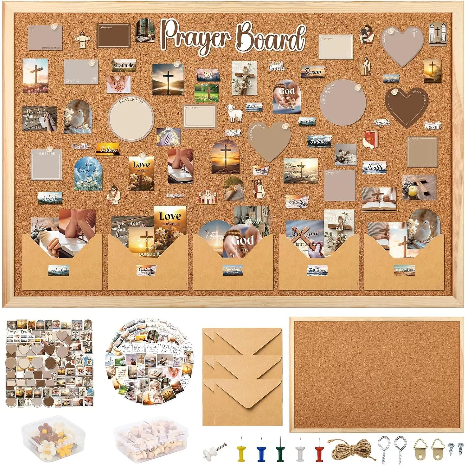 Christian Prayer Board Kit Prayer Board Supplies 15.7 x 11.8 Inch | 180 count Prayer Board Kit, Cork Board Pins Envelope Stickers  Verse Quotes Card, Vision Board Decor,  Study Supplies