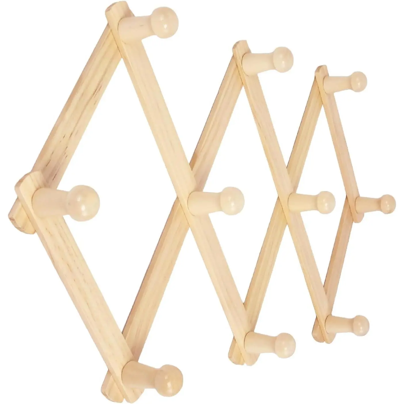 Accordion Style Expandable Wall Wooden Coat Rack 10 Hooks (Pegs) Hang Hats Jackets Coffee Mug Purses Necklaces Towels Cap Leash Scarves Data Line Kitchenware