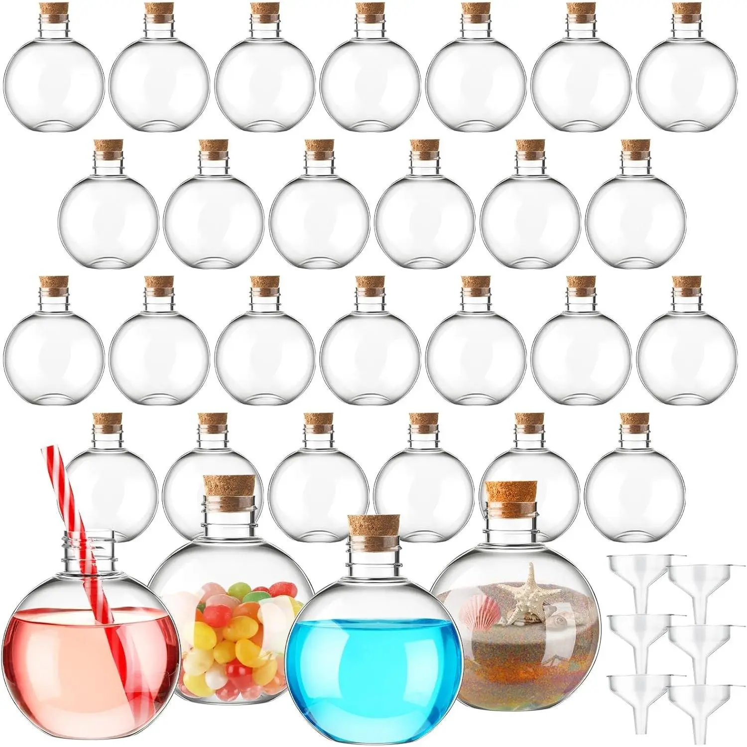 Jinei 30 Pcs 6 oz 200ml Clear Spherical Plastic Sand Art Bottles with Wood Color Cork, Potion Bottles for Christmas Cocktail Ornaments, DIY Wedding Party Gift Crafts Decoration