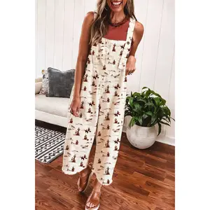 Beige Western Printed Button Adjustable Straps Loose Jumpsuit Dungarees