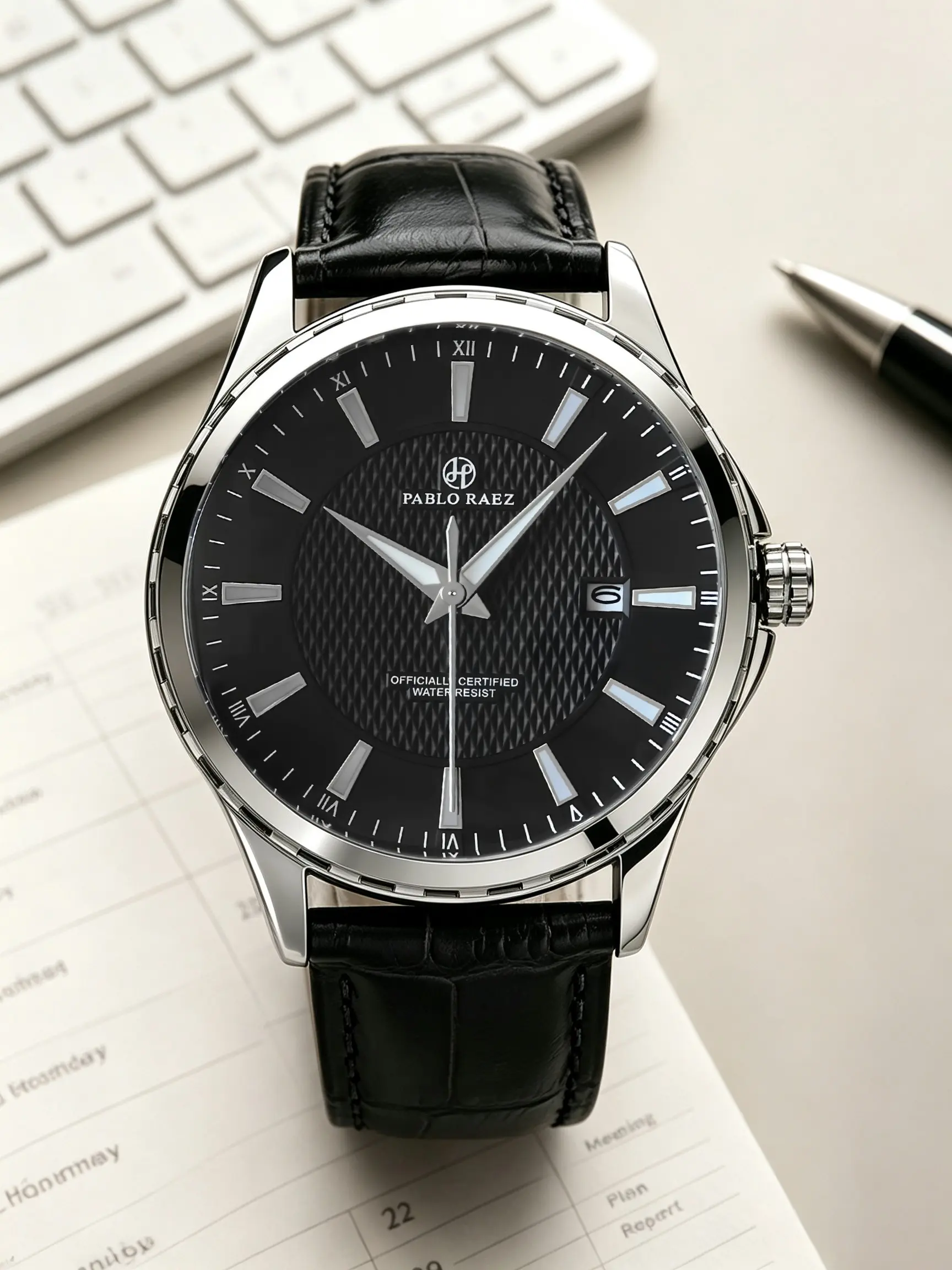 Mens Silver Analogue Quartz Watch Polished Stainless Steel Case Woven Grid Black Dial Trapezoid Luminous Index Single Date Black Crocodile Leather Strap 30M Waterproof Minimal Business Wristwatch Gift For Men