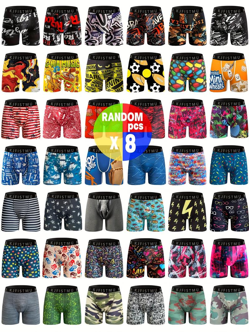 [Moisture-Wicking Boxer Briefs] 8pcs Moisture-Wicking Men's Boxer Briefs with Random Print | Lightweight, Stretchy Polyester-Spandex Blend, Quick-Dry for Gym, Travel & Casual Attire - Sizes S-XXL, Boxer Shorts