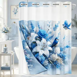 1pc 2D Flat Printing hookless shower curtain hanger liner Blue and White Flowers with Birds Fabric waterproof lining shower curtain with transparent window, double-layer shower curtain, 71 x 74 inches, modern home curtain decoration