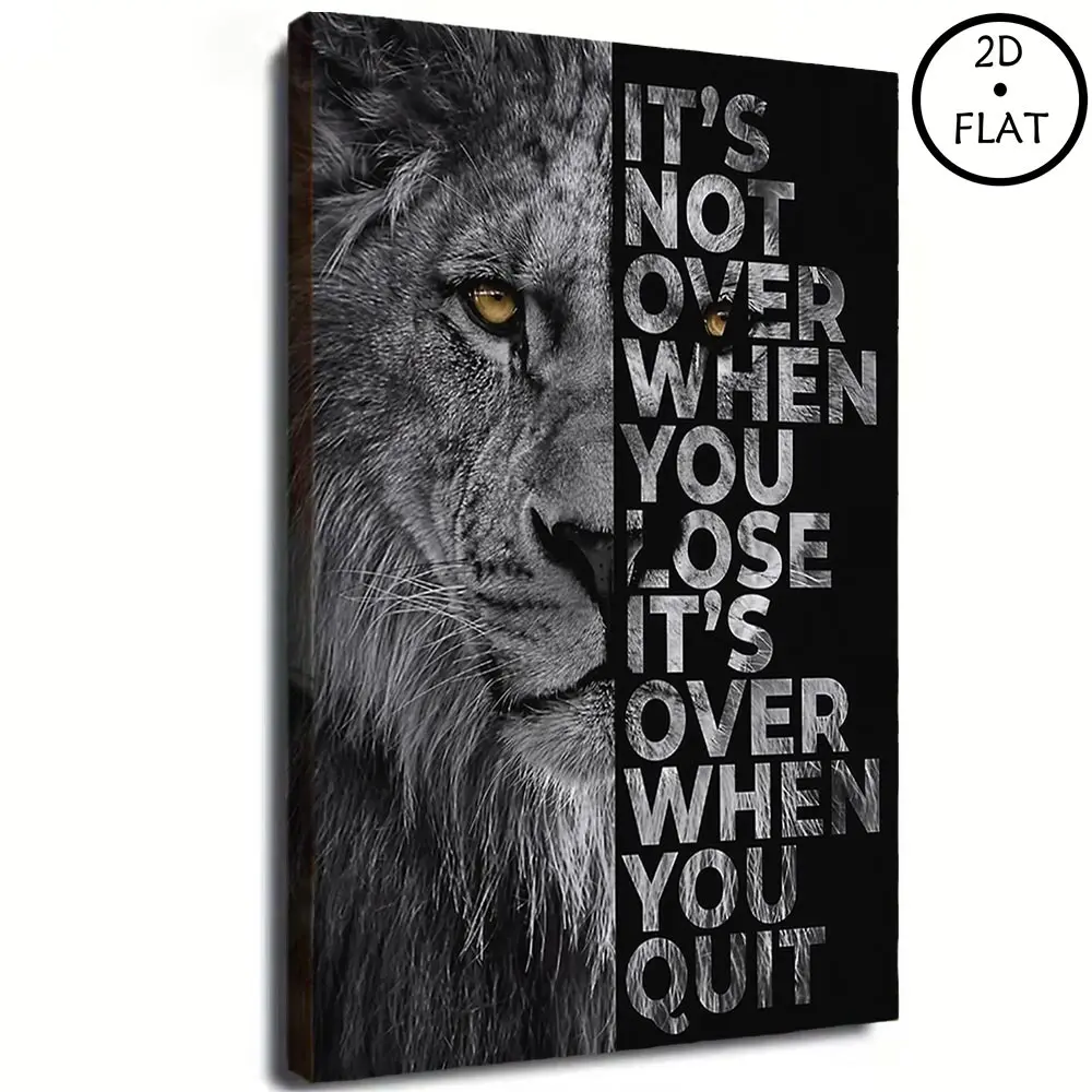 Black And White Inspirational Wall Decor, Canvas Print of Lion with Quote "It's Not Over When You Quit", Motivational Animal Poster for Gym, Office & Living Room Decoration  , dopamine   Decor   items
