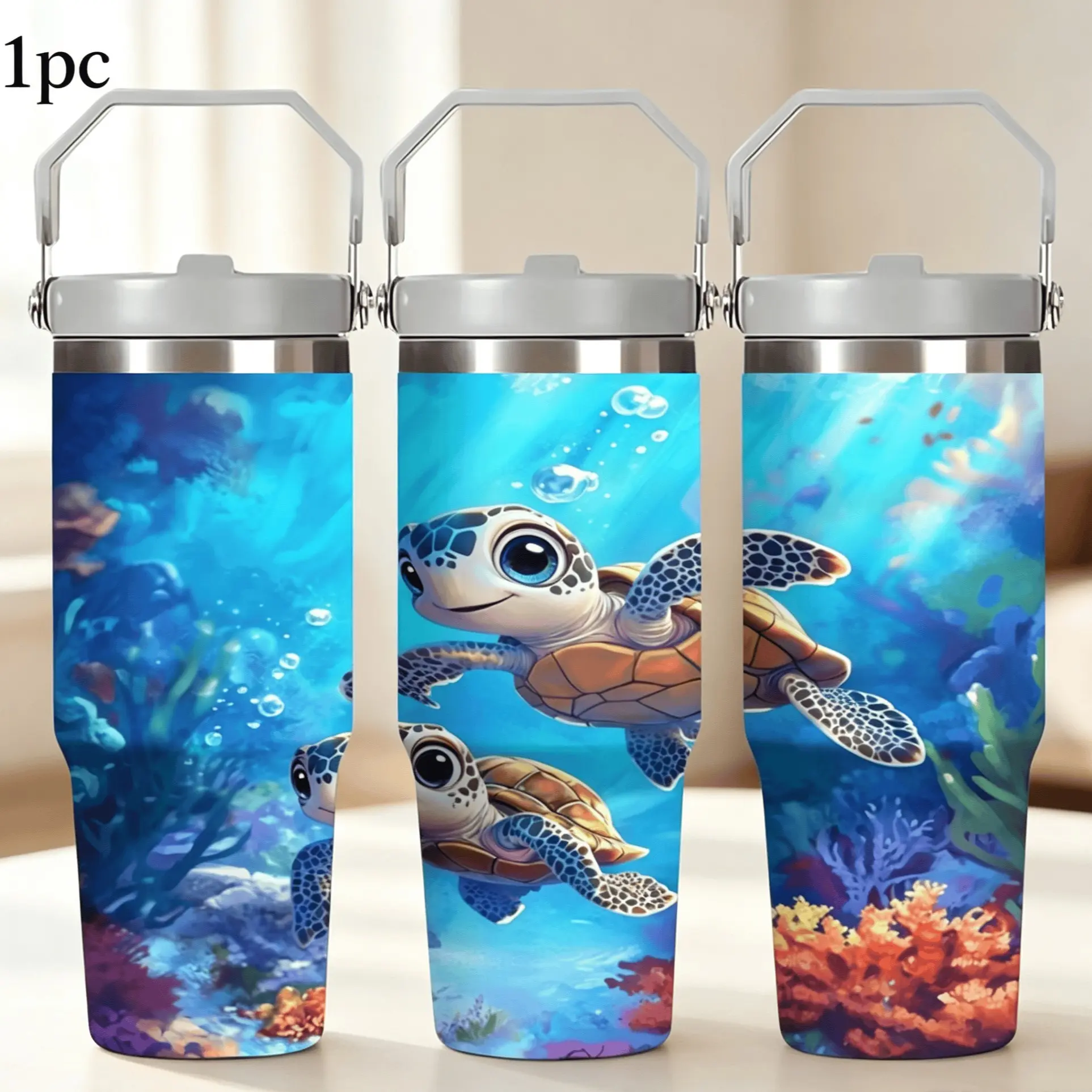 1pc 30oz Healing-themed Cute Little Turtle Underwater Print Water Cup - Portable, Durable, Long-lasting Ice-Preserving Large Capacity Cup