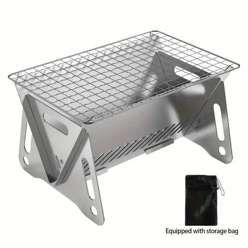YJ-1 portable mini stainless steel foldable camping barbecue grill - compact outdoor cooking utensil with wood burning, equipped with a detachable storage rack and portable bag, suitable for camping,