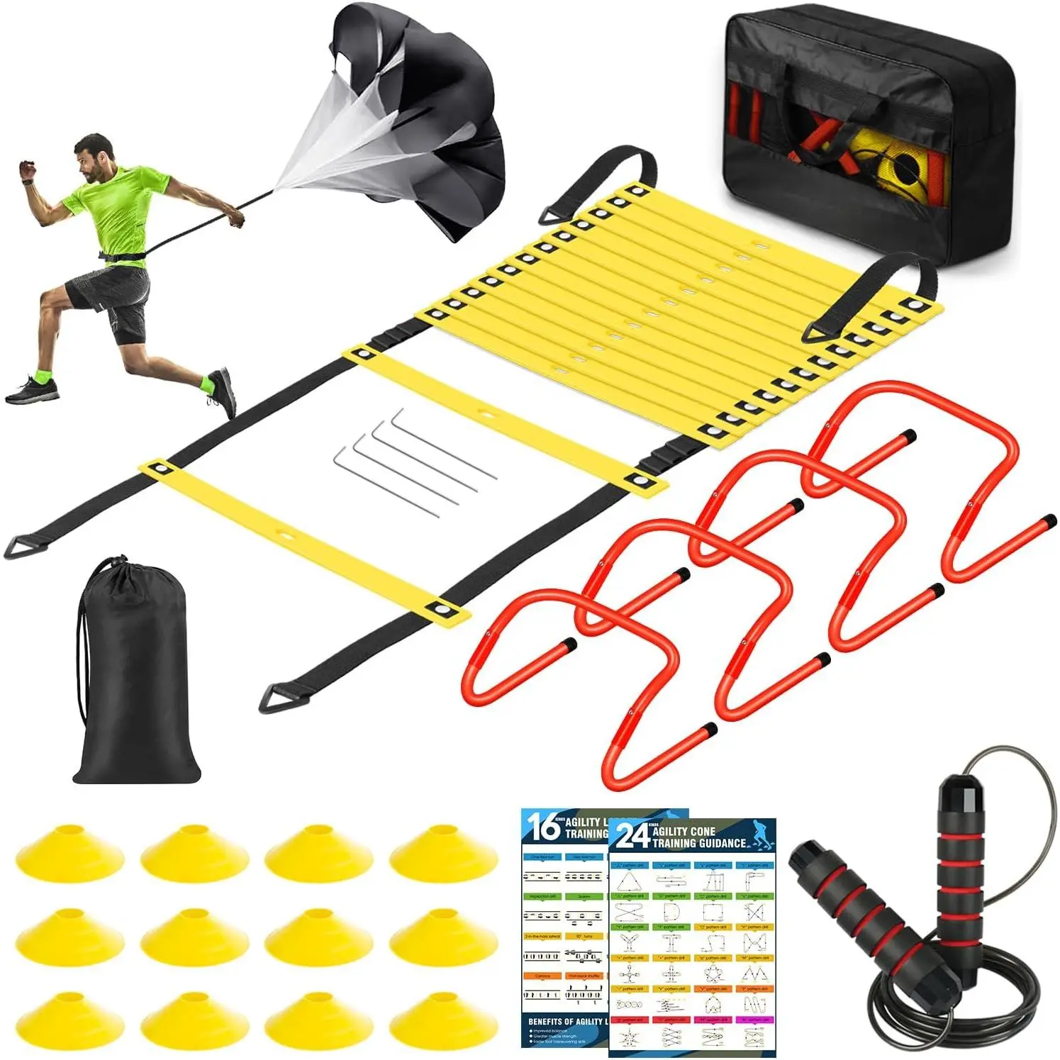Speed Agility Training Equipment Portable Set for Soccer/Basketball - Includes 20FT Ladder, 12 Cones, 4 Hurdles, Jump Rope & Running Parachute for Kids, Youth & Adult Athletes