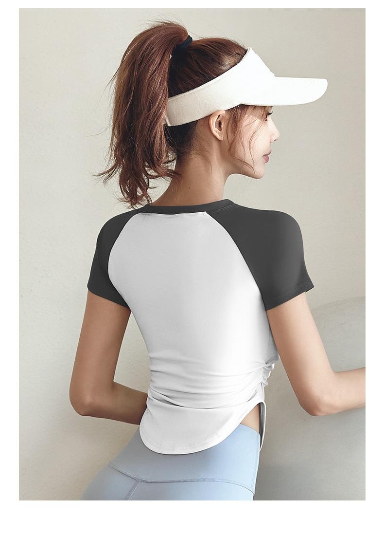 Contrast color pleated yoga top for women, waist-cinching, slimming, with a nude feel, suitable for yoga, sports, and outdoor fitness