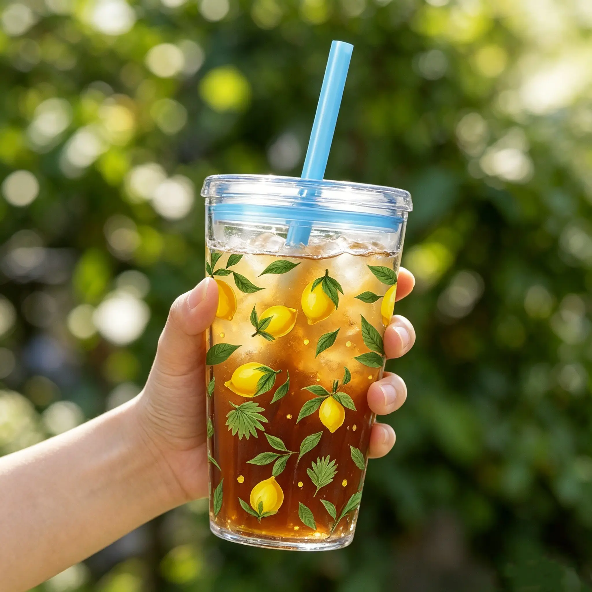 1pc/16oz/500ml/Clear Cold Tumbler,Plastic Coffee Cup With Straw,Water Bottle,Vibrant Zesty Lemon And Green Leaf Botanical Pattern For Charming Decorative Home Holiday Gift Present,Suitable For Summer,Beach,And Gatherings