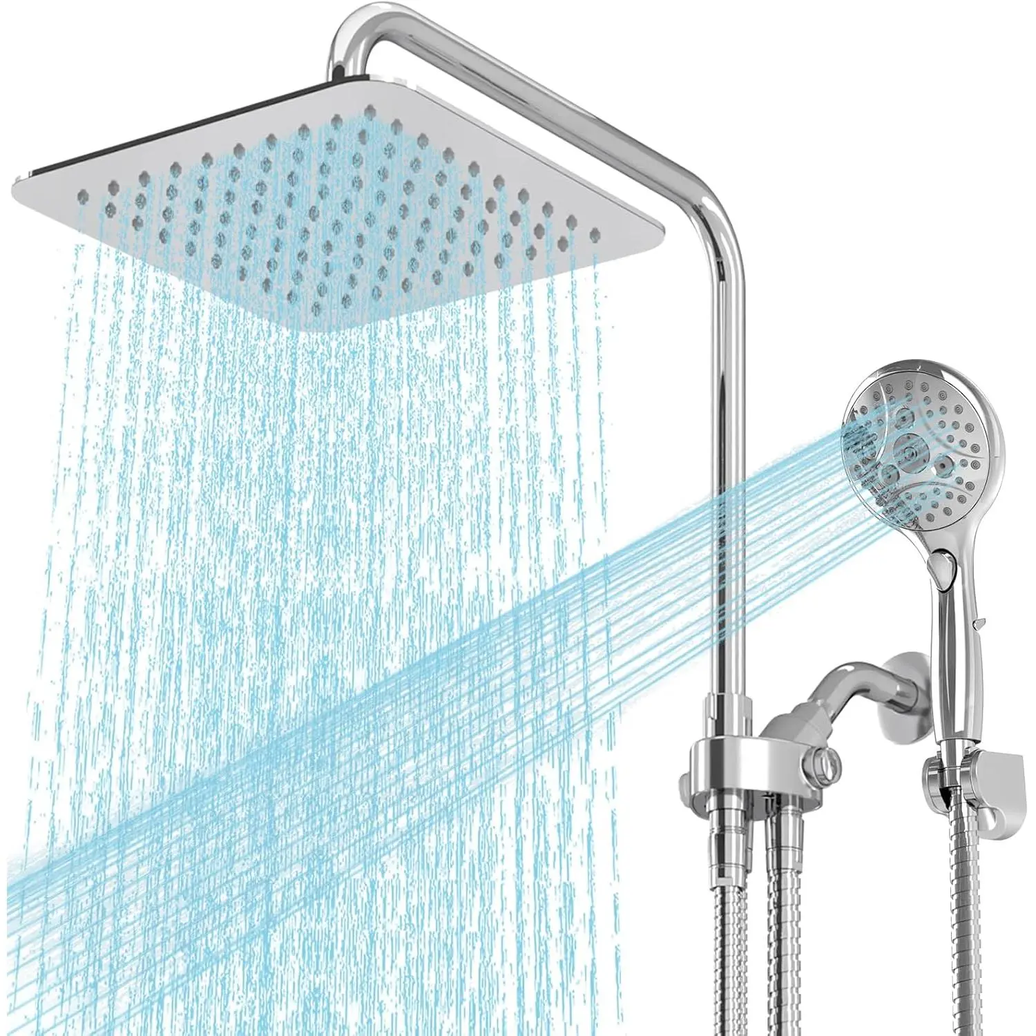Rainfall Shower  Combo, 8'' High  Rain Shower  with 6 Function Handheld ,  Shower  Combo with Adjustable Slide Bar, Chrome