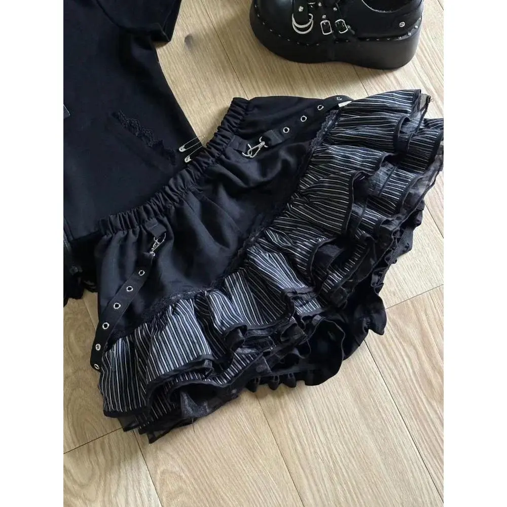 Harajuku Stripe Punk Grunge Skirts Women Y2k Aesthetic High Waist Cake Mini Streetwear Lace Vintage Kawaii Mini Jupe Subculture