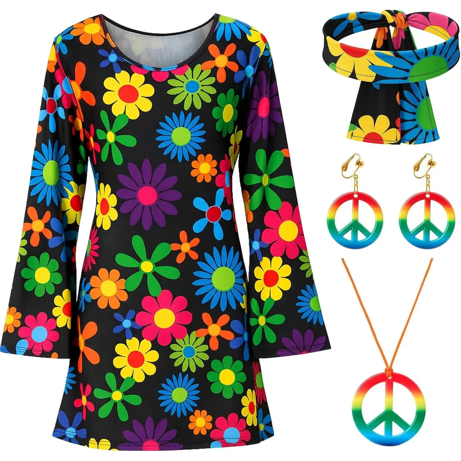 Women's 4-Piece 80s Disco Hippie Costume Set with Floral Bell Sleeve Dress, Peace Sign Necklace, Earrings, Headband, Rainbow Floral, 70s 60s Theme Party Accessories(Gift)