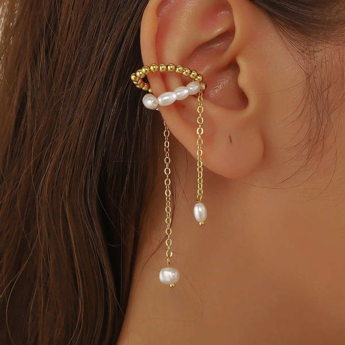 Tassel Drop Earrings & Ear Cuffs with Pearl Beads for Women, Magnetic Clip-On Wear Jewelry for a Statement Look
