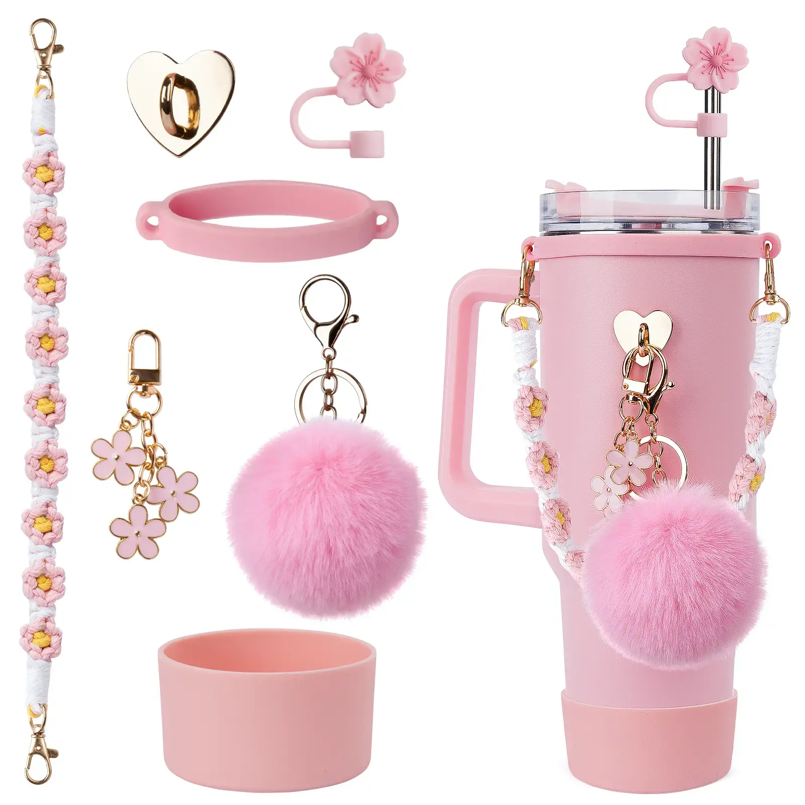 7-piece mug accessory set, suitable for 40-ounce cups, includes Bohemian-style lanyard, minimalist floral decoration, non-slip cup holder, silicone straw cap, elastic silicone drawstring ring, heart-shaped hook, and plush hairball.