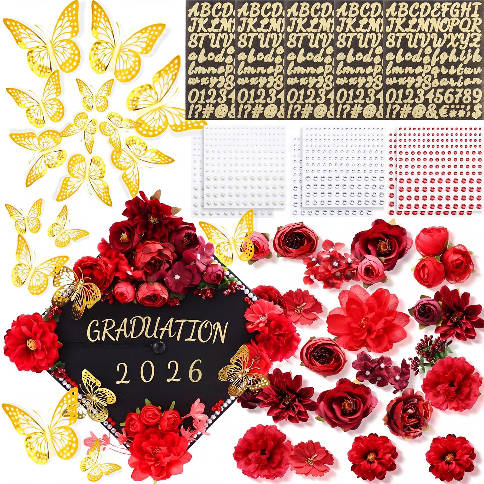 41-Pcs DIY Graduation Cap Decoration Kit for Class of 2026 - Party Accessories with Artificial Flowers, 3D Butterflies, Cute Graduation Bow, Grad Cap Topper Ideas, Ceremony Photo-Ready Grad Party Supplies, Craft Gift for Kids